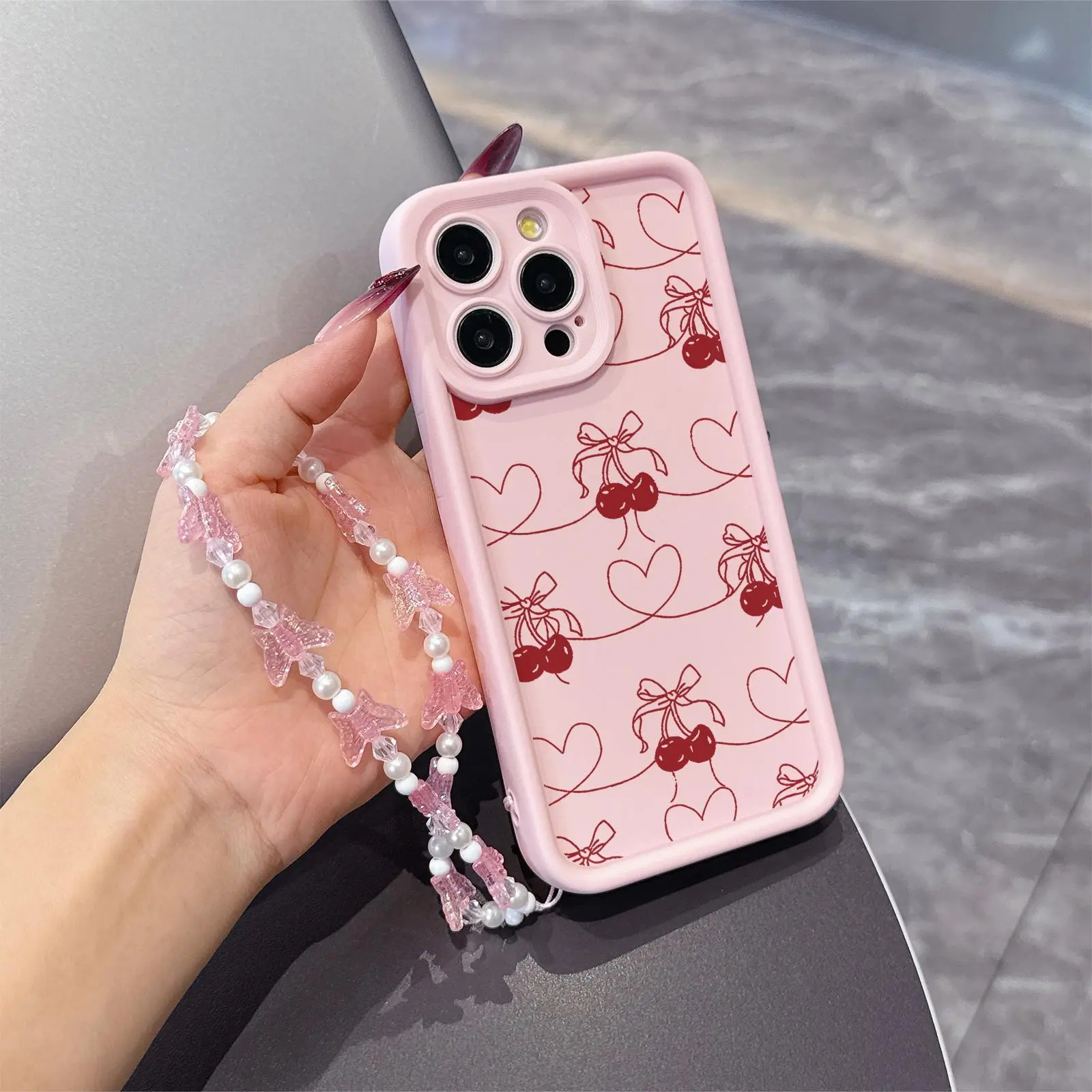 Two-Piece Set Butterfly Phone Strap and Tpu Anti-Drop Case, Cherry Love Heart Design for iPhone 6 to 16 Pro Max, Perfect Gift for Couples and Teens