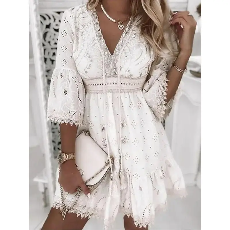 NewElegant women White Hollow mini dress summer V-neck patchwork lace up three quarter sleeve ladies vacation beach drescasual womenwear elegant formal white dress