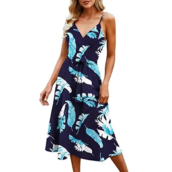 USED Book - Women Summer Dresses Wrap V Neck Sleeveless Dress Boho Floral Strap A Line Elegant Beach Sundress with Belt Womens Dark Blue (Paperback)