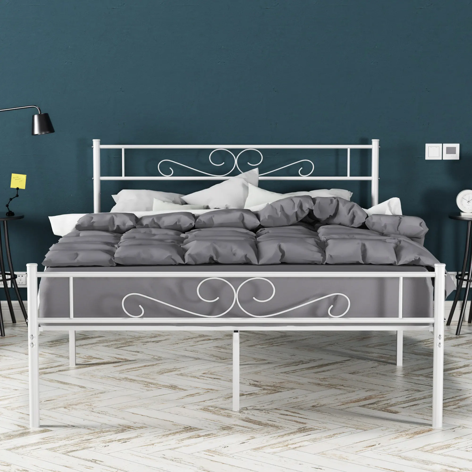 VECELO Modern Metal Platform Bed Frame with Headboard & Footboard - Clean Lines, Multi-Size Twin/Full/Queen, Supportive Steel Slats Mattress Foundation, No Box Spring Needed, Sturdy White Bed, Easy Assembly, Modern Platform Bed, Queen Size Bed Frames