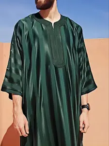 Men's Striped Embroidery Long Sleeve Robes, Loose Casual Comfy Three Quarter Length Sleeve Robe for Daily Wear, Premium Traditional Thobe Muslim Clothing for Spring & Fall