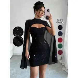 Women's Short Ocean-Style Spring & Fall Bodycon Mini Dress - Mesh Shawl, Cape Sleeves, Sparkling Sequins, Trendy Party Gown