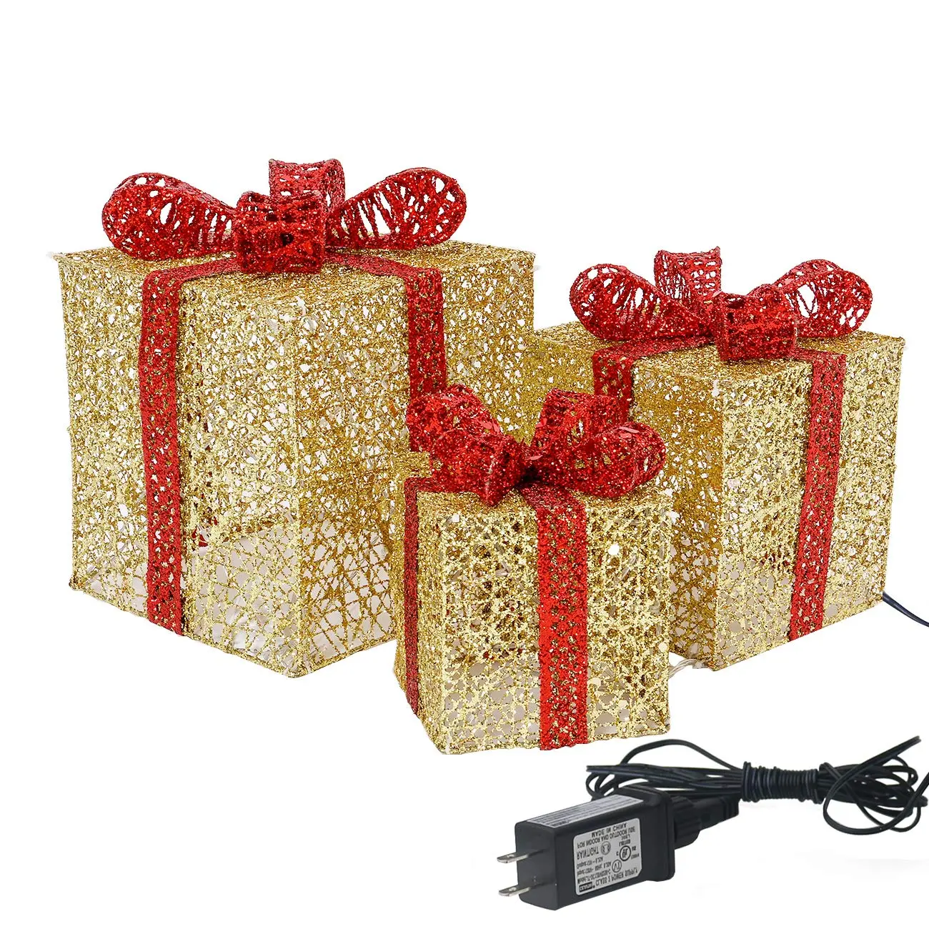 #fathersdaygift  3-Piece Metal Hollow Lighted Christmas Gift Boxes Set (10in-8in-6in) with Plug, Fairy Ornaments, Party Decoration Supplies for Home Holiday Decor Gold