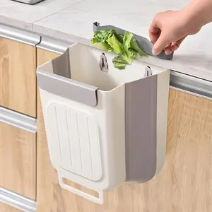 Hanging Kitchen Trash Can, 2.4 Gallon Collapsible Waste Bin, Small Plastic Folding Hang Garbage Can for Cabinet Car Bedroom Bathroom Kitchen Office