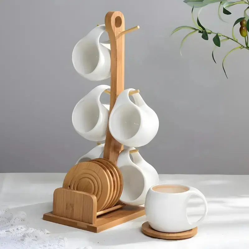 Ergonomic Curved Handle Vintage Jian Zhan Chinese Tea Set with Multi-Functional Bamboo Rack & Minimalist Crescent Coffee Mug Set - Kitchen Drinkware Starter Kit, Gift for Home