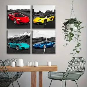 4-count wooden frame canvas, colorful supercar landscape four-panel decorative poster, exquisite living room and bedroom decoration, modern and fashionable family poster, corridor wall hanging painting, waterproof art, Unique Artwork