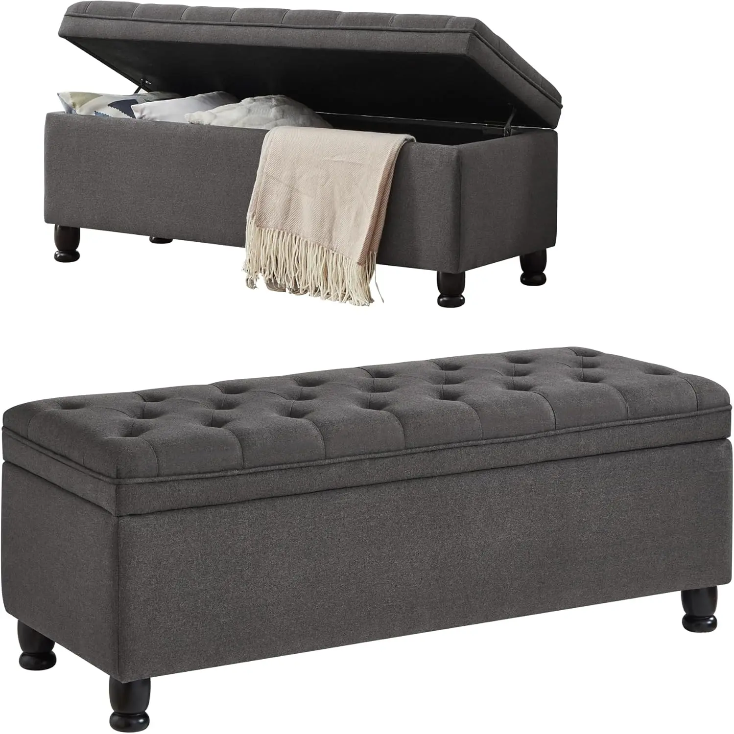 45" Linen Upholstered Storage Ottoman, Tufted Upholstered Cushion Stools for Bedroom, Living Room Entryway (Dark Grey)