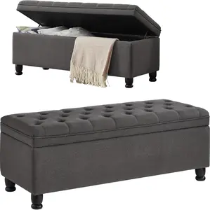 Storage Ottoman Bench, Linen Upholstered Storage Benches for Bedroom,Tufted 45" Long Ottoman Bench with Storage for Living Room Entryway Window(Dark Grey 45")
