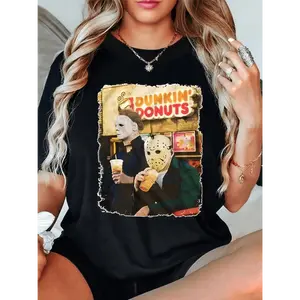 Vintage Horror Cartoon Character Halloween Print T-Shirt For Women Stylish Short Sleeve Top Perfect Birthday Gift Idea