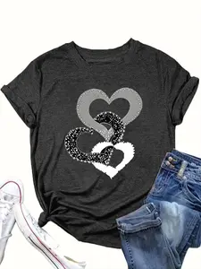 Plus size Heart Pattern Loose Fit Plus Size Women's T-Shirt, Casual Comfortable Home Wear, All Season Fitted Top, Moderate Fabric Thickness