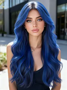 Women's Wig 28 Inch Blue Long Curly Wave Wig, Heat Resistant, Voluminous Natural Look, Perfect for Parties and Daily Commute