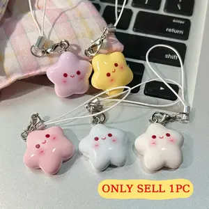 Macaron Smiling Star Mobile Phone Rope/Cartoon powder blusher Five Pointed Star Milk Huhu Bag Pendant Sweet Key Hanger Phone Lanyard Phone Charms Phone Accessory