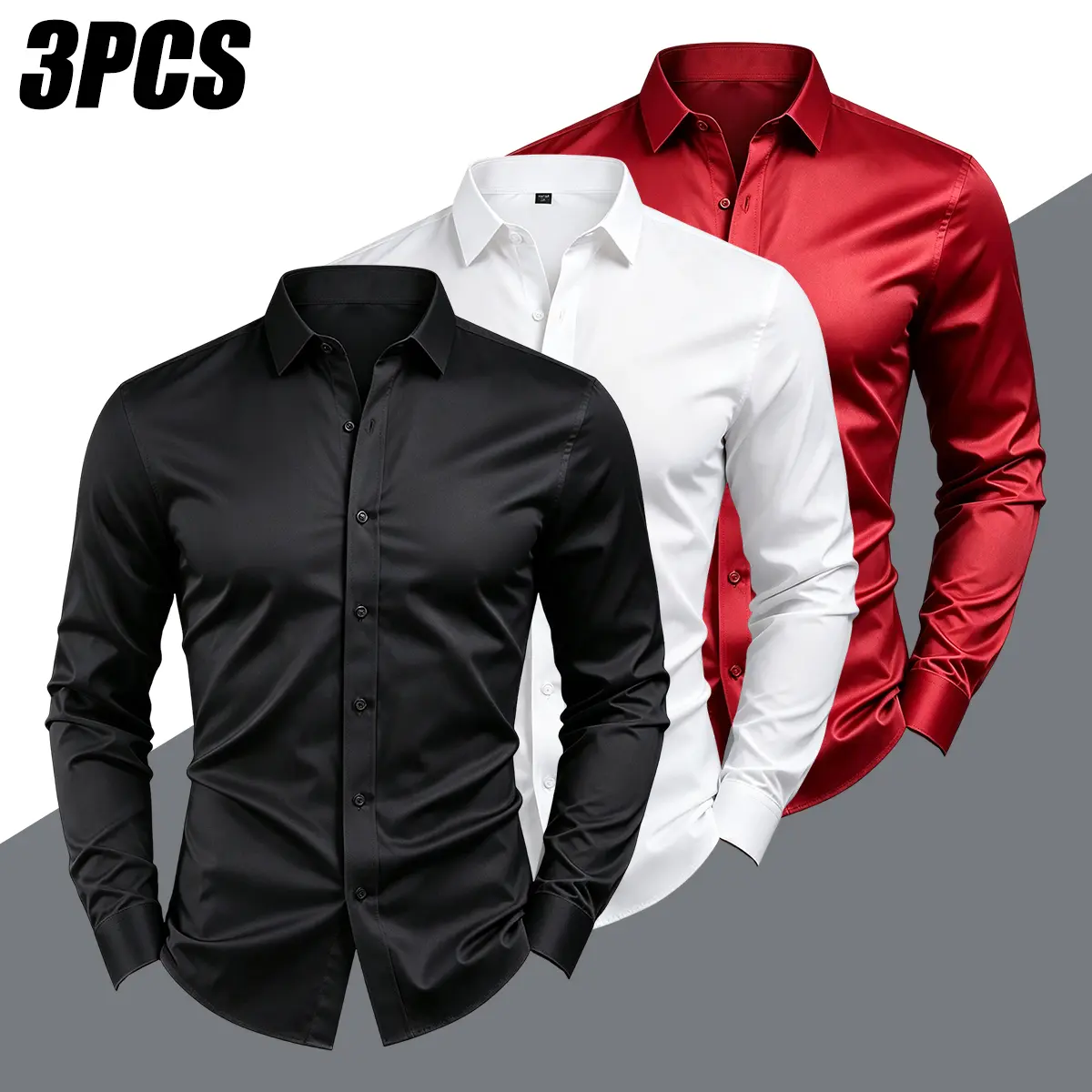 JOGWAVE Menswear 3PCS Men's Slimfit Full Sleeves Plain Dress Shirts - Polyester Blend, 4-Way Stretch, Wrinkle-Resistant, Silky, Skin-Friendly, Turn-Down Collar, Front Buttons - Office Commuting Business Wear
