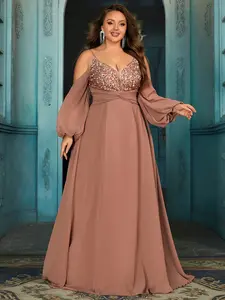 Plus Size Sequin A-Line Evening Gown Cold Shoulder Long Lantern Sleeve Formal Dress with Train Elegant Prom Gown for Formal Events Womenswear