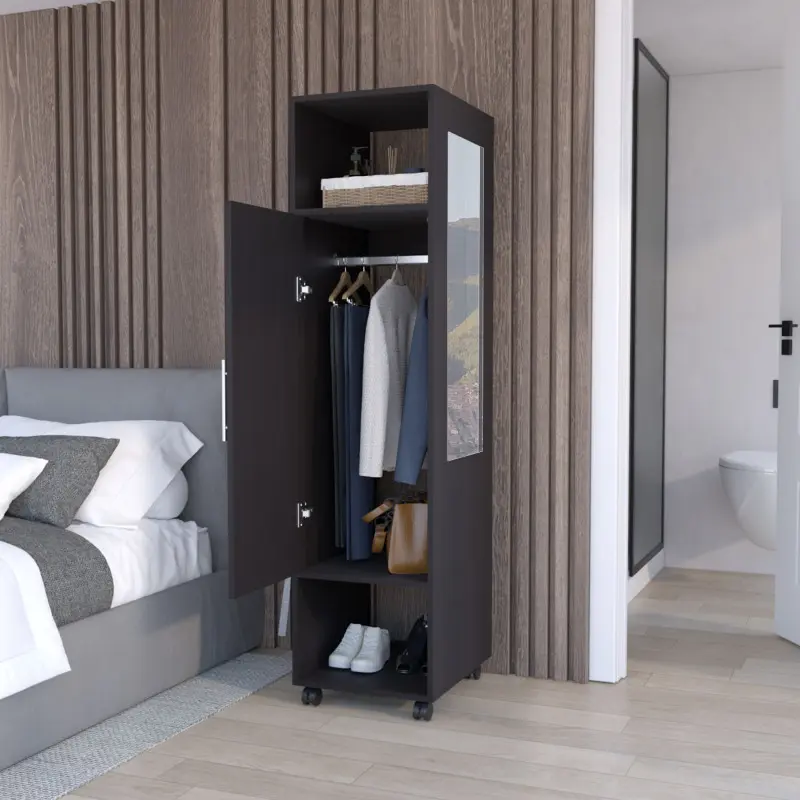 Cluster 63" Tall Wardrove One-Door Cabinet with Mirror Three Shelves Casters and Hanging Rod Armoire Bedroom Clothes Storage Cabinet Organizer
