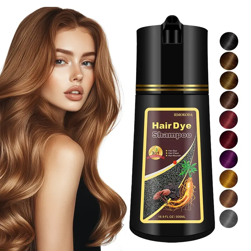 IEMOKODA Hair Dye Shampoo - 3-in-1 Hairdye with Plant Extracts, Quick Color, Hair Care, Long-Lasting Black & Brown, 500ml Haircare Oil, Brown Hair Dye