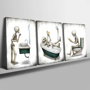Skeleton Pattern Bathroom Decor, 3 Counts/set Artistic Wall Art with Wooden Frame, Wall Decor for Home Living Room Bedroom Bathroom, Ornaments
