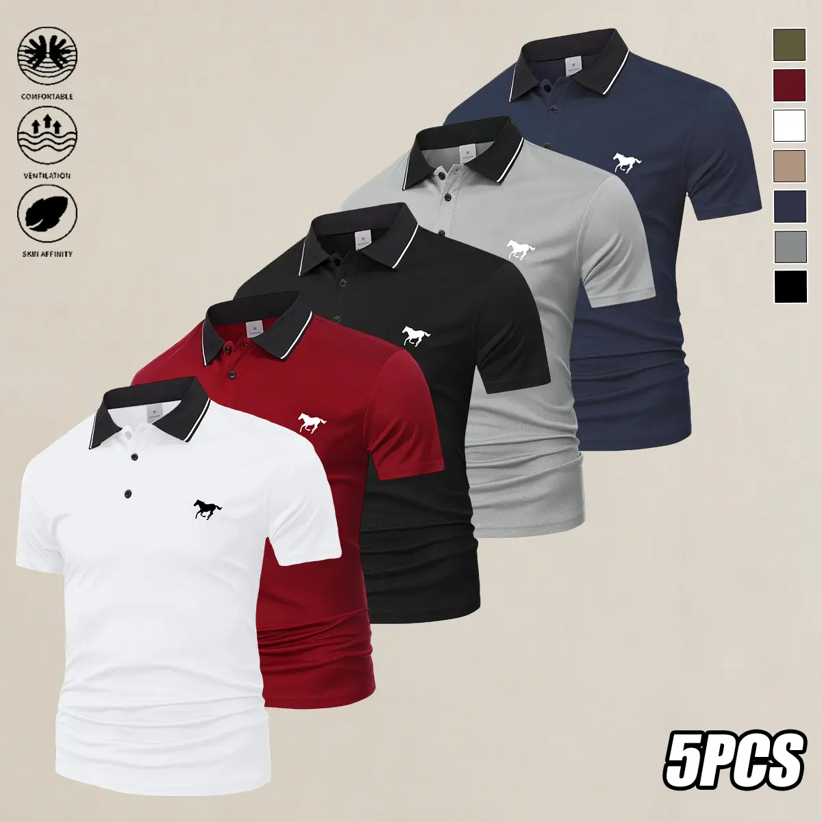 Men’s casual polo shirts, 5-pack, stylish logo prints featuring bowling, tennis, and badminton, breathable stretch fabric for all-season comfort, short-sleeve polo shirts, turn-down collar polo shirts, summervibes, summerwins, back to school