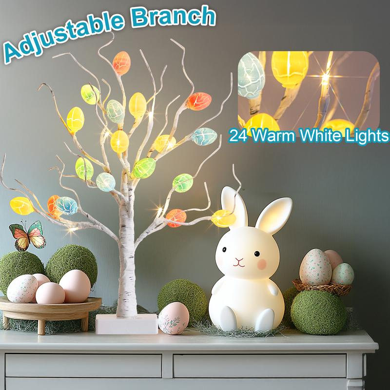 EAMBRITE Easter Decorations 22" Lighted Tabletop Tree with 18 Cracked Eggs White Birch Design USB Battery Powered for Indoor Home Spring Decor