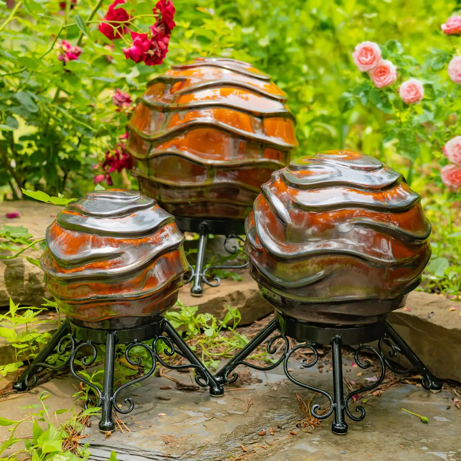 Zaer Ltd. Set of 3 Assorted Ceramic Wavy Globe Gazing Balls with Metal Stands, Garden Orbs Decor