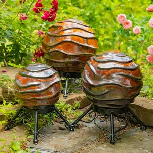 Zaer Ltd. Set of 3 Assorted Ceramic Wavy Globe Gazing Balls with Metal Stands, Garden Orbs Decor