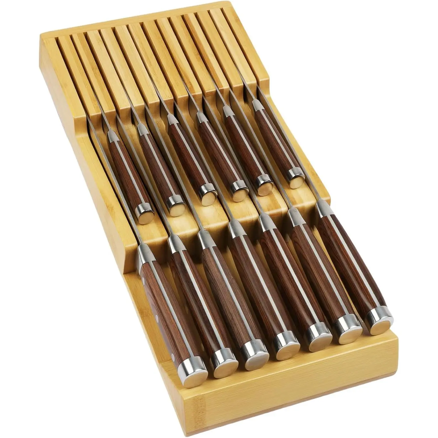 Bamboo Kitchen Drawer Knife Block, In drawer Knife Holder, Knife Drawer Organizer fit for 13 knives