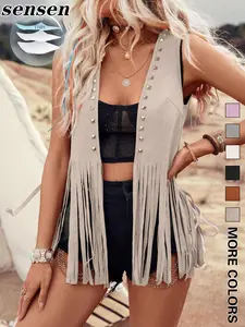Women's Fitted Solid Color Fringe Trim Open Front Vest Jacket, Casual Fashionable Denim-effect Ripped Vest Coat for Daily Outdoor Wear, Ladies Clothes for Spring & Fall, Tops
