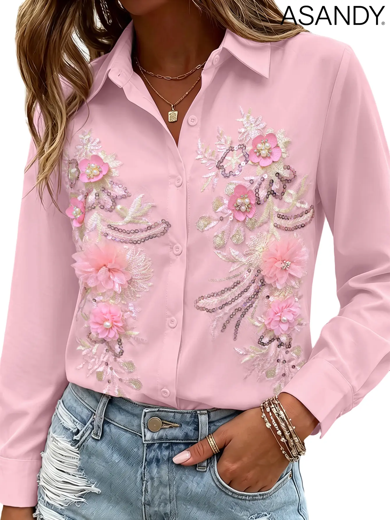 ASANDY Women's Long Sleeve Collared Pink Button-Down Blouse - 3D Floral & Pearl Embroidery, Sparkly Sequins, Aesthetic Chic Women's Fashion Office OOTD Top for Casual & Office Wear