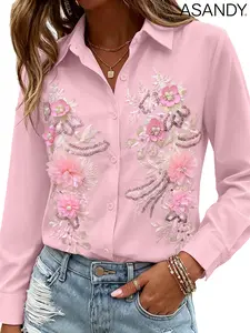 ASANDY Women's Longsleeve Collared Pink Button-Down Blouse - 3D Floral & Pearl Embroidery, Sparkly Sequins, Aesthetic Elegant Everyday Top for Casual & Office Wear