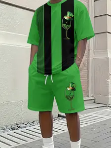 Men's 3D Digital Print Two-Piece Set, Festive St. Patrick's Day Cup Stripe Print Short-Sleeve Set, Trendy Casual Two-Piece, Beach Vacation Style Trendy Outfit, Lightweight and Breathable Sports-Casual Style, Perfect Holiday Gift for Men