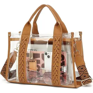 Clear Tote Bag for Women Stadium Approved Woven Crossbody Handbag Clear Purse for Stadium Events, Concert, Work & Beach