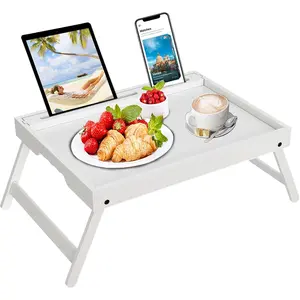 Bed Tray Table with Foldable Legs, Breakfast Food Trays for Eating on Couch with Media Slot for Bed, TV Tray, Kitchen Serving Tray(White, Medium)