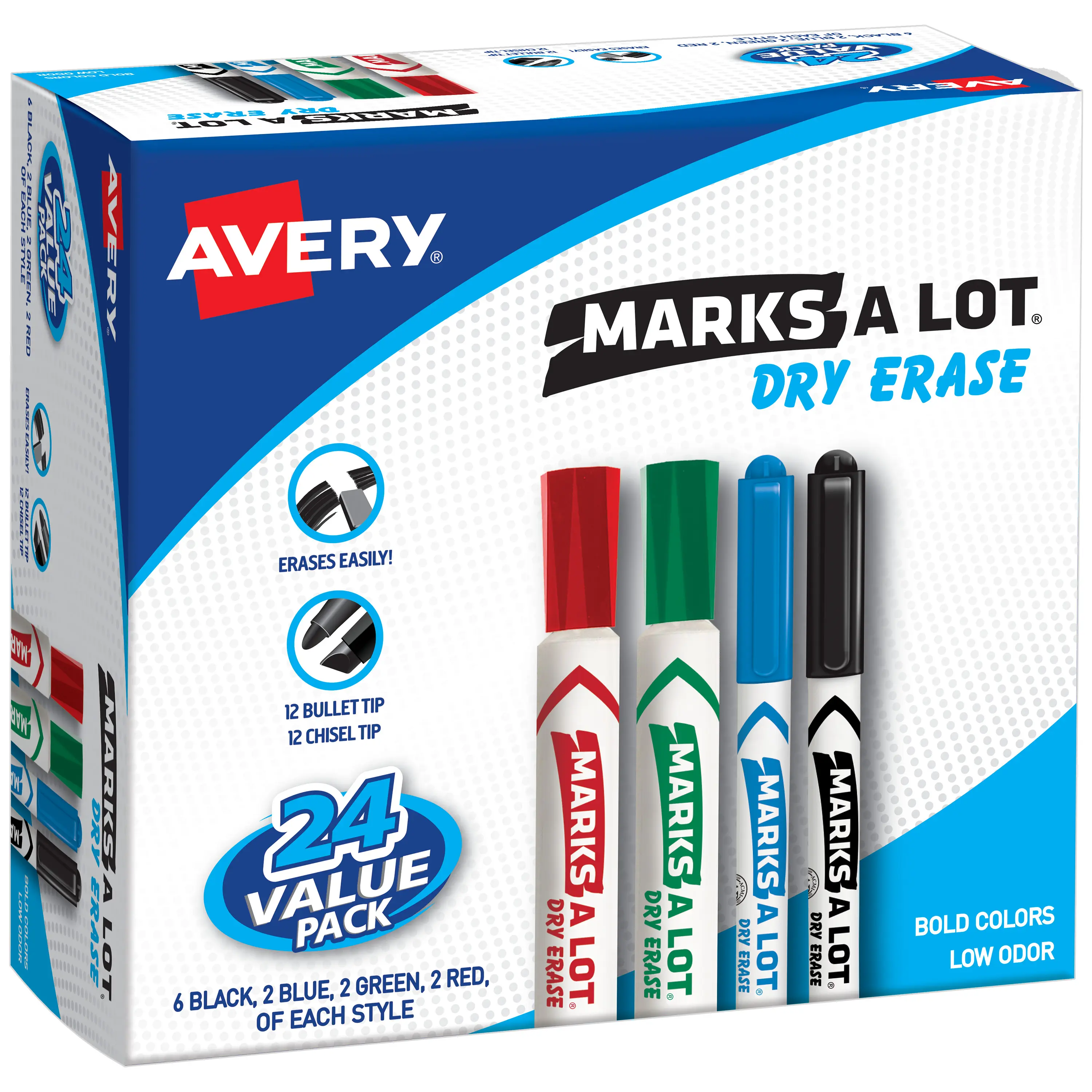 Avery Marks A Lot Value Pack Dry Erase Markers, White Board Markers, Chisel/Bullet, 24 Assorted Colors (29870)
