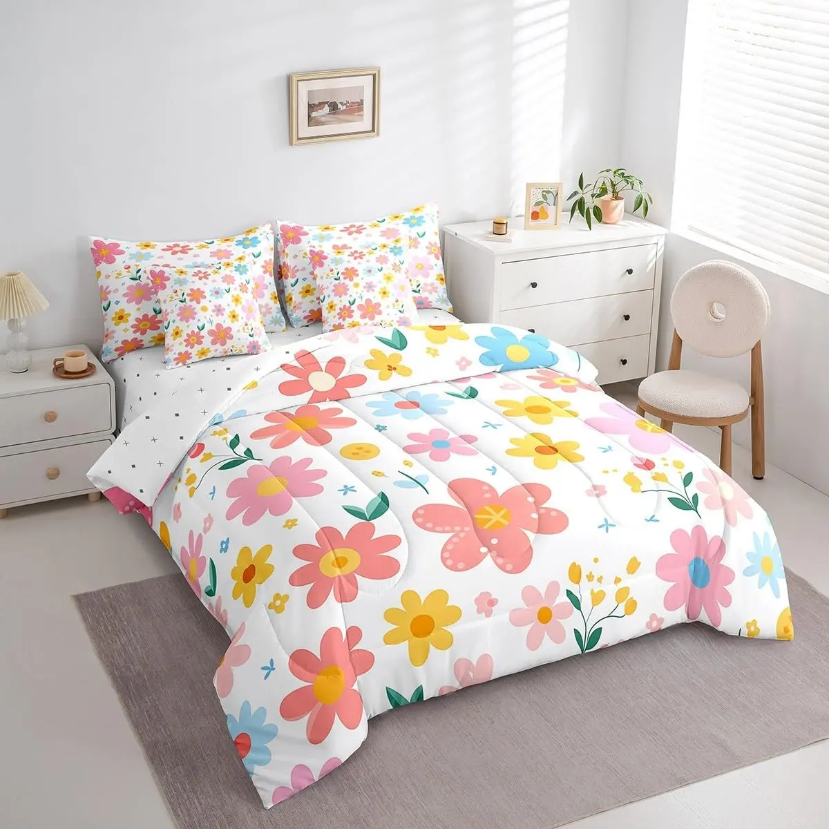 Feelyou 7-Piece Bedding Set - Girls' Cartoon Floral Bed-in-a-Bag with Yellow Pink Comforter, Floral Blanket, Soft Sheets, Kawaii Soft Furnishings, Soft Warm Bedding, Printed Blanket