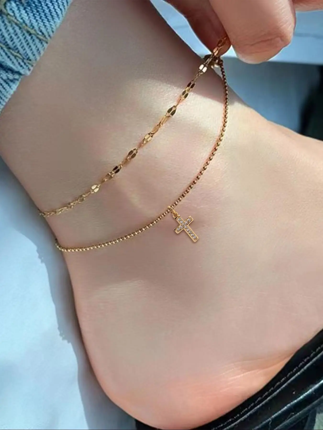 2 Piece Faith Inspired Elegant Lip Chain with Copper Set, Zircon Cross Design Women's Summer Beach Anklet, Chic Foot Jewelry