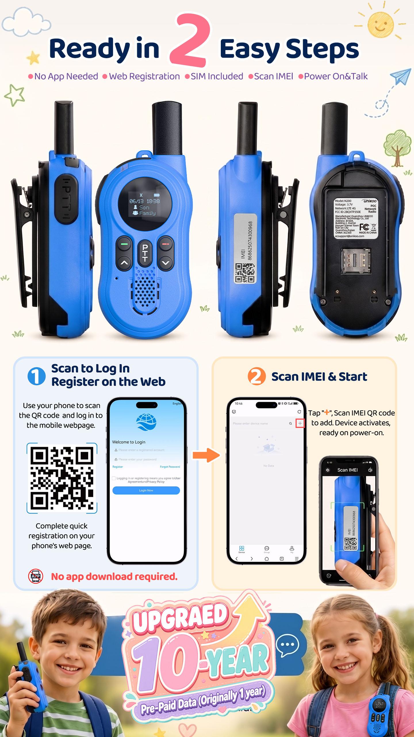UNIKOO N200 4G Sim-Based Kids Walkie Talkie (Ages 6-12) - US Nationwide Coverage, 10-Year Free Data, No Monthly Fee, 1-Button Push-To-Talk, Anti-Interference, Shockproof, Rechargeable for Outdoor Play, School Commute