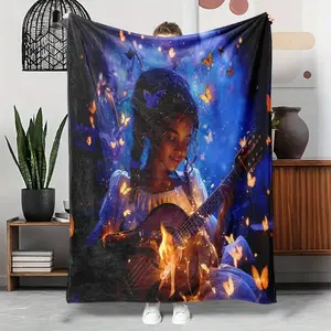 1pcs Flannel Blanket With A Night Theme Of Music Butterflies, Digital Print, Sofa Bed Cover Blanket, Skin-Friendly Soft, Christmas New Year Gift, Suitable For All Year Round