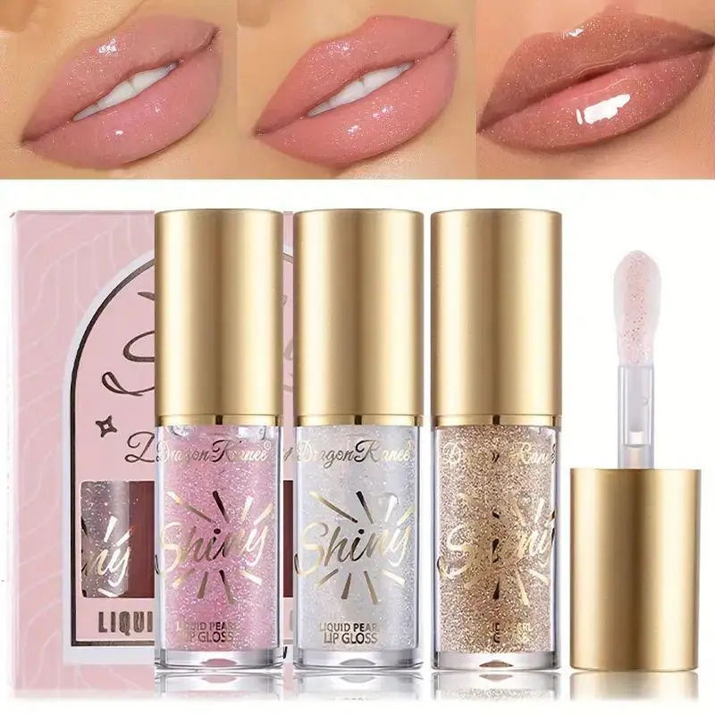 Glitter Lip Glossy Trio With Large Brush Cosmetic Lipstick Head Mirror Waterproof Pearlescent Lip Oil Lip Glaze Set Moisturizing Fine Lips Makeup