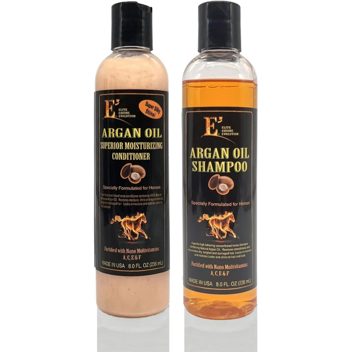 E3 Argan Oil Shampoo and Conditioner Set for Horses and Dogs - Professional Grooming Duo, 2-Pack (8 fl oz Each)