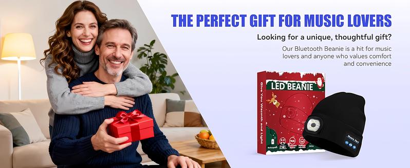 Bluetooth Beanie with Light, Unisex USB Rechargeable LED Flashlight Hat with Cordless Headphones & Built-in Speaker Microphone, Christmas & Birthday Gifts for Men, Husband & Teenagers