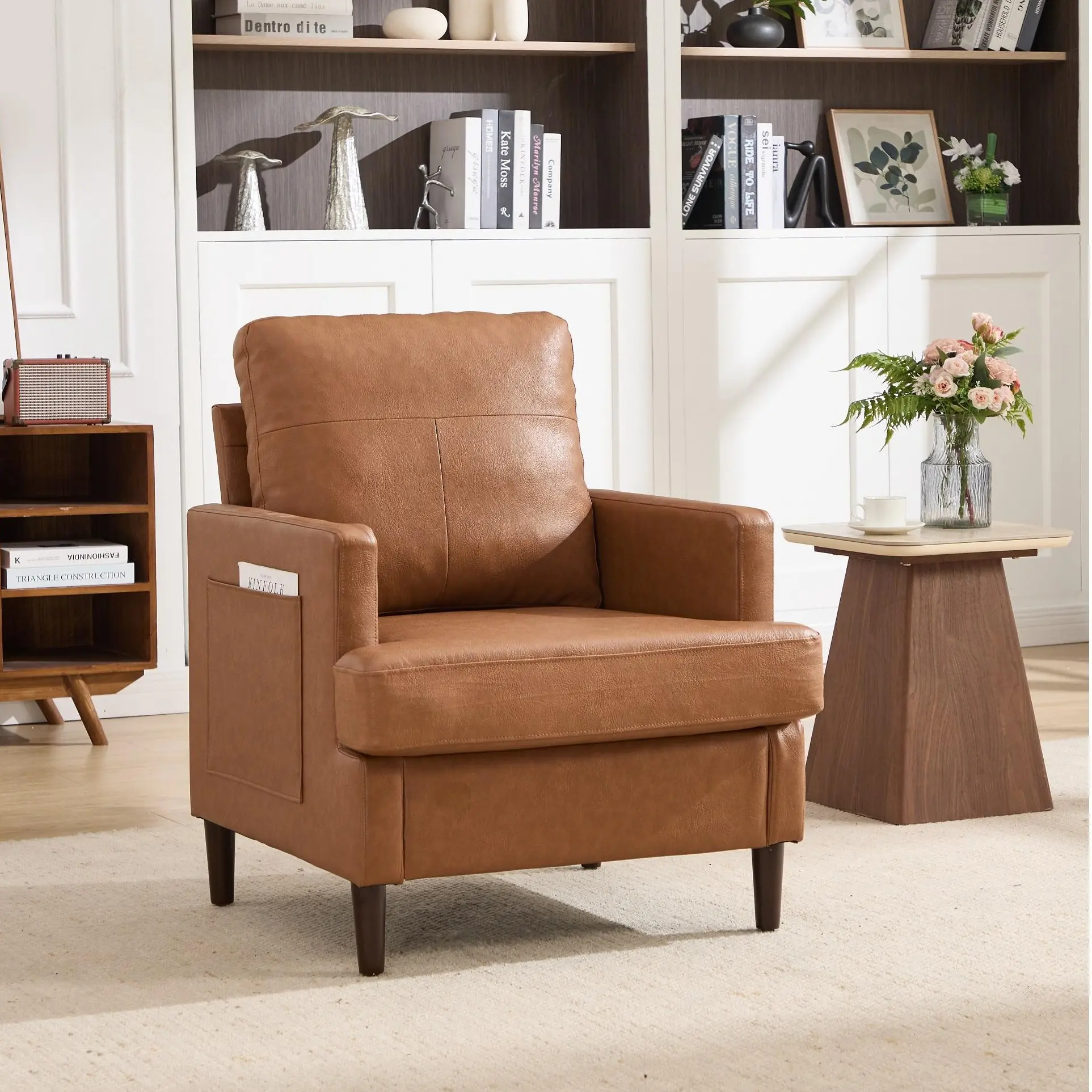 Modern Accent Chair with Arms, Mid Century Upholstered PU Leather Armchair with Rolled Arms and Deep Seat, Reading Chair for Bedroom, Office and Cafe, Set of 2