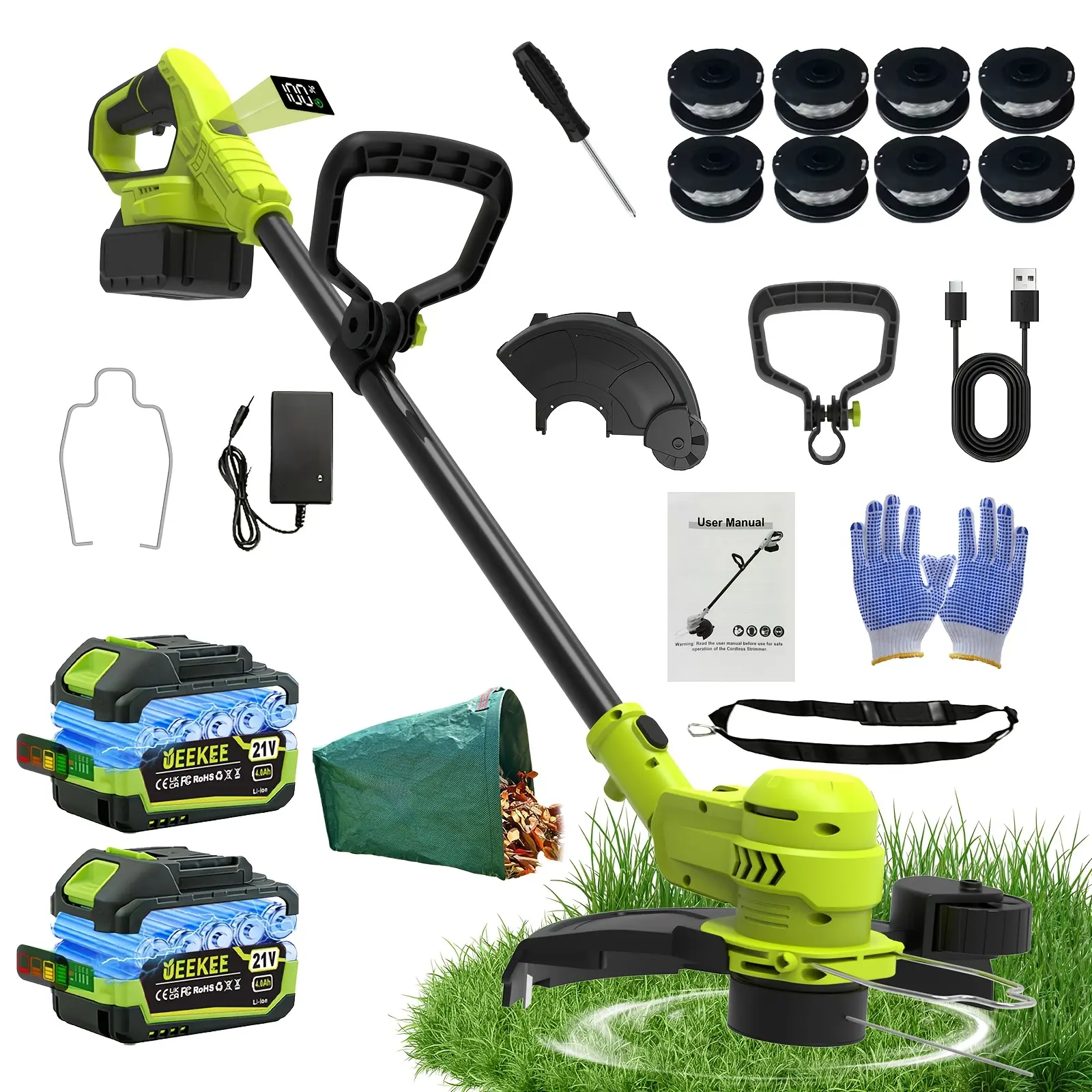 UEEKEE 12" Cordless Electric String Trimmer, 90° Rotatable Head, Auto Feed System, 20000 RPM, With 2 Batteries & Fast Charger, 8 Spools, Shoulder Strap & Leaf Collection Bag, Lightweight Lawn Edger For Yard & Garden Care