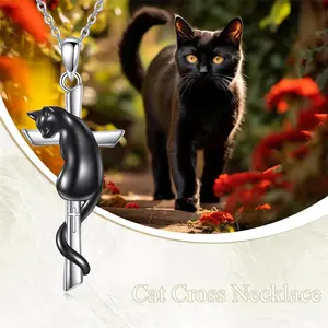 1Pc Creative Cute Black Cat Cross Pendant Necklace for Women Exquisite Women Cartoon Kitty Lucky Jewelry Stainless Steel Chain Accessories Suitable for Women, Daughters, Girls Holiday Gifts