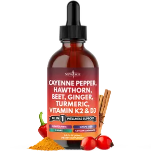 Cayenne Pepper Supplement Liquid Drops + Hawthorn Berry, Vitamin D3 K2 Beet Root Powder, Ceylon Cinnamon, Turmeric Curcumin, Organic Panax Ginseng