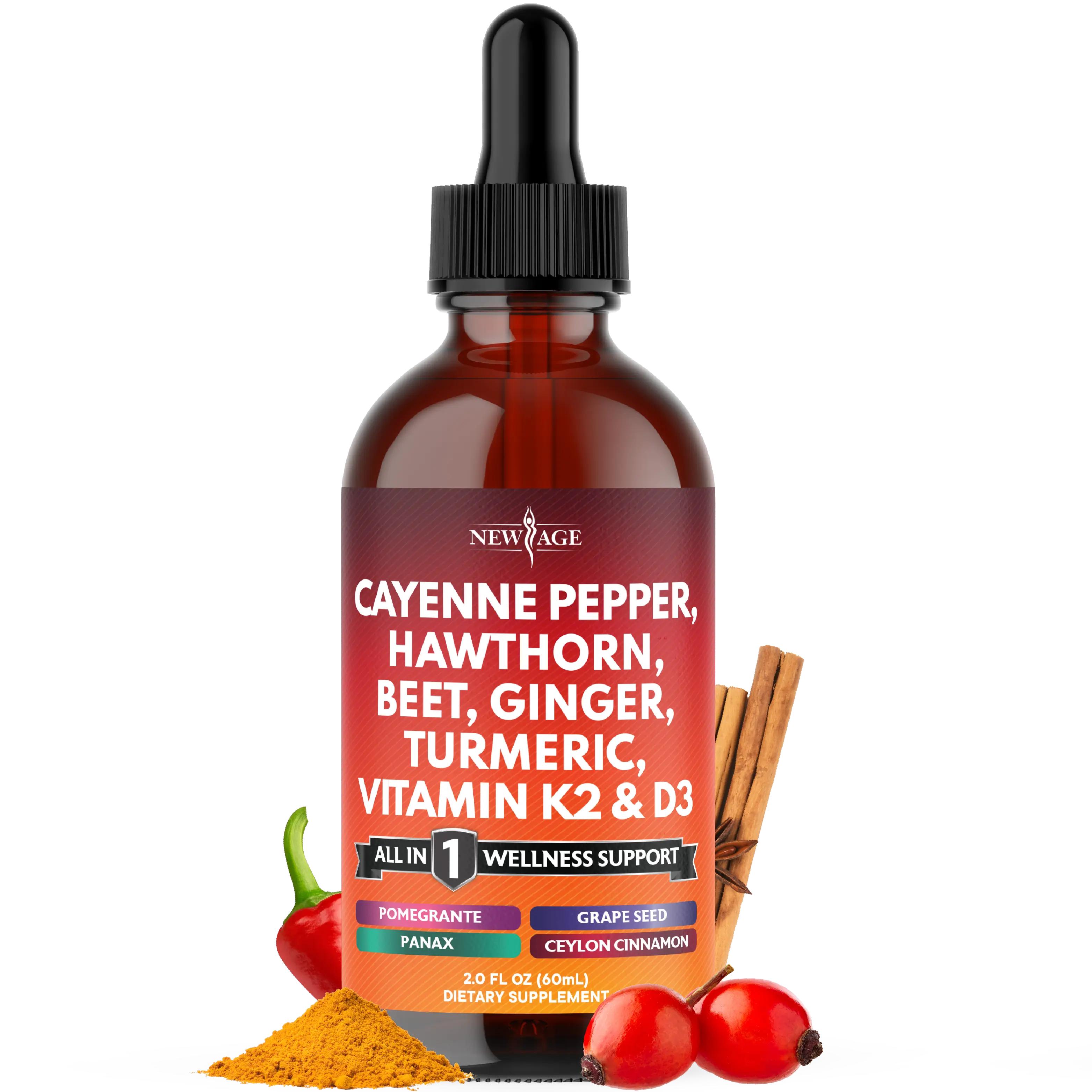 Cayenne Pepper Supplement Liquid Drops + Hawthorn Berry, Vitamin D3 K2 Beet Root Powder, Ceylon Cinnamon, Turmeric Curcumin, Organic Panax Ginseng