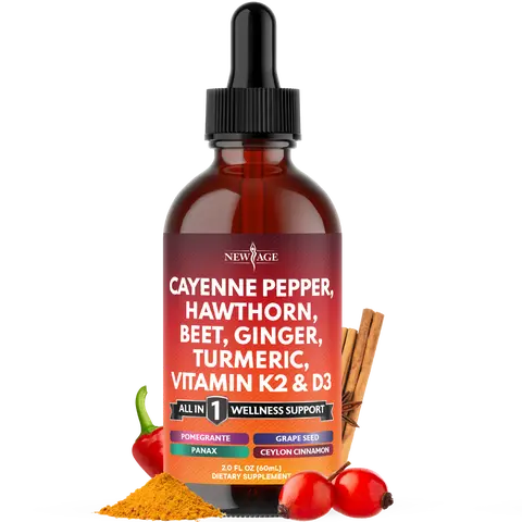 Cayenne Pepper Supplement Liquid Drops + Hawthorn Berry, Vitamin D3 K2 Beet Root Powder, Ceylon Cinnamon, Turmeric Curcumin, Organic Panax Ginseng