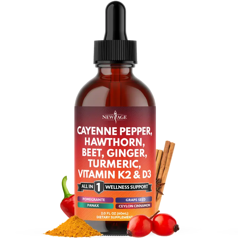 Cayenne Pepper Supplement Liquid Drops + Hawthorn Berry, Vitamin D3 K2 Beet Root Powder, Ceylon Cinnamon, Turmeric Curcumin, Organic Panax Ginseng