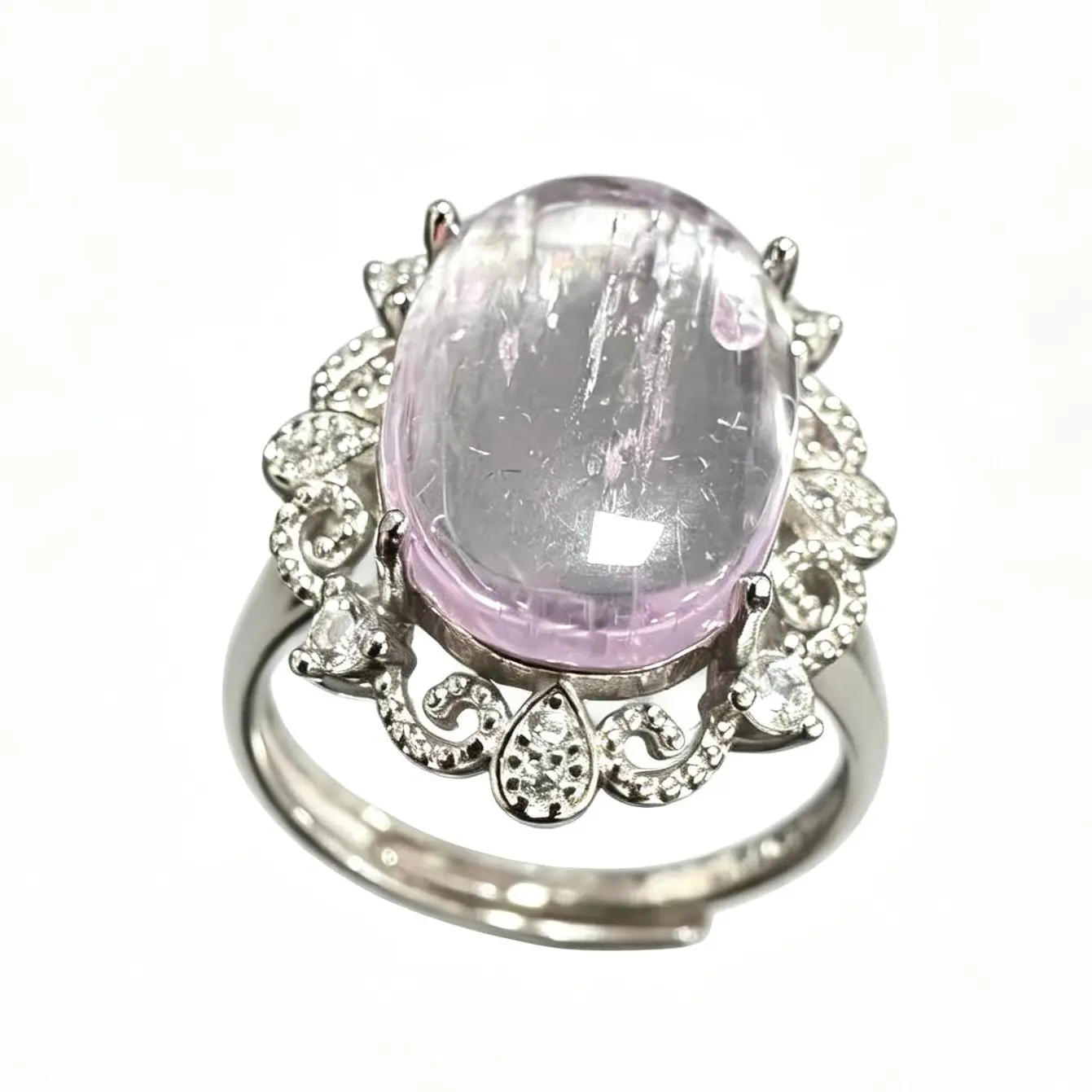 Unisex 925 Silver Adjustable Natural Kunzite Ring - 15×10mm Vintage Lace Halo Statement Piece, Calming Energy & Dreamy Appearance, for Adults' Special Events