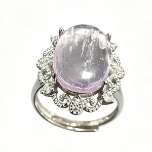 Natural Kunzite 925 Silver Adjustable Ring | Vintage Halo Statement