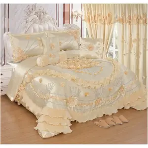 Wedding Set - Pink and White Bedding with Floral Design and Ruffled Edges
